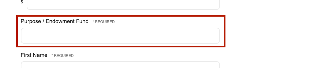 Screenshot of an online donation form for Clark County residents. The image shows options for donation amounts, personal information fields, and a highlighted red box around the "Purpose / Endowment Fund" required field.
